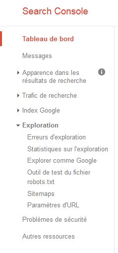 le menu de la google search console